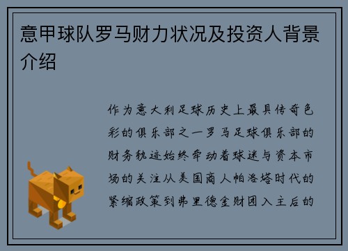 意甲球队罗马财力状况及投资人背景介绍